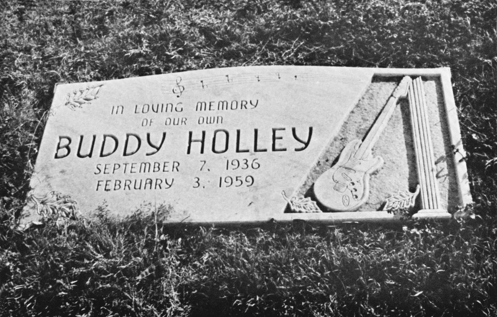 View of American rock and roll musician Buddy Holly's gravestone in Lubbock, Texas, 1975. The gravestone reads 'In loving memory of our own Burrdy Holly, September 7, 1936 - February 3, 1959.'