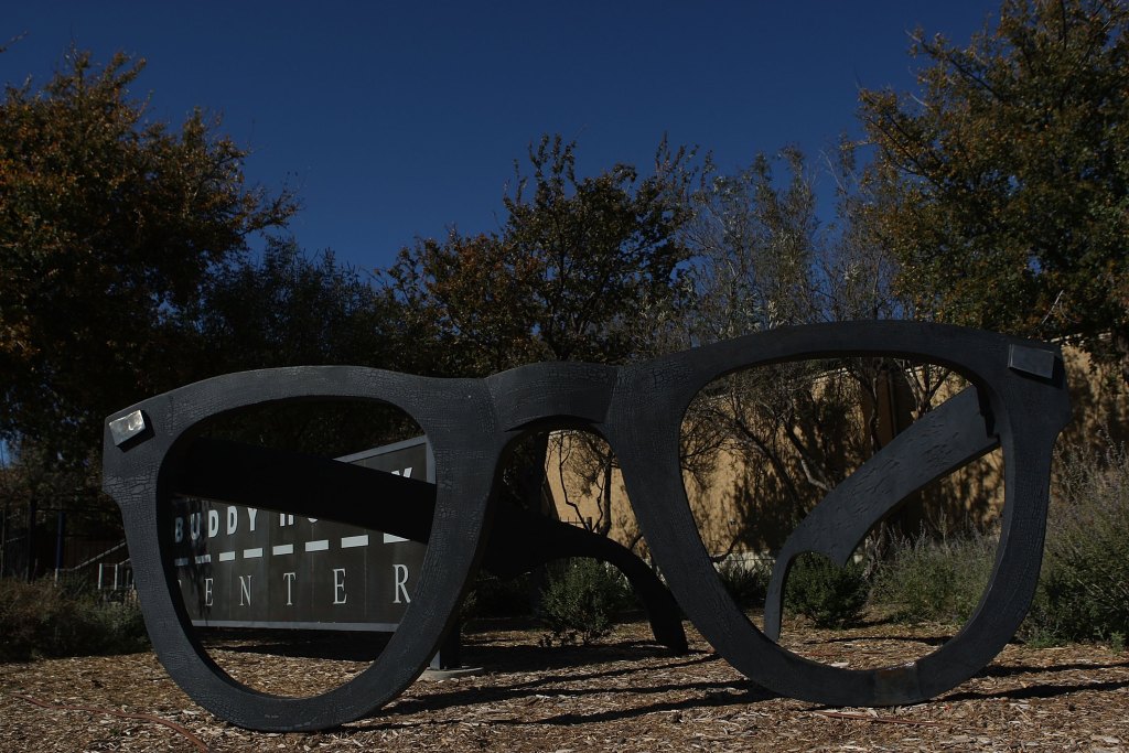Giant glasses in front of the Buddy Holly Center on November 8, 2008 in Lubbock, Texas. Februray 3, 2009 will be the 50th anniversary of what is referred to as "The Day The Music Died" when musicians Buddy Holly, Ritchie Valens, and The Big Bopper died in a plane crash in Clear Lake, Iowa.