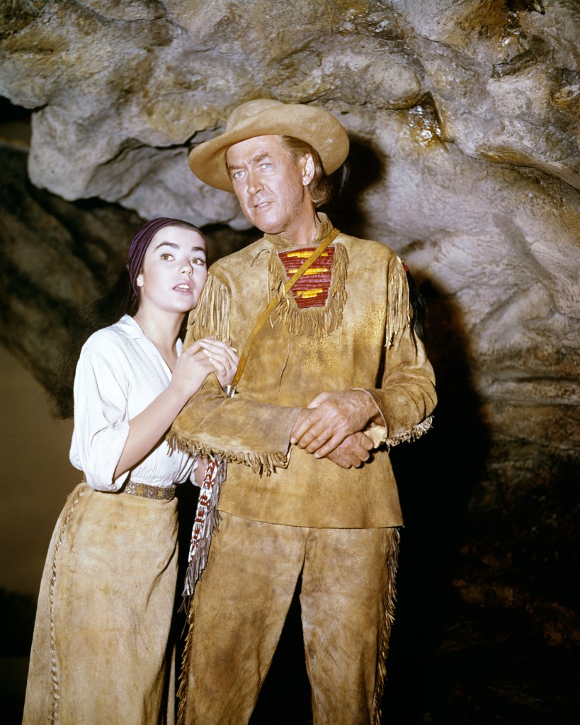 American actor James Stewart (1908 - 1997) as Linus Rawlings and Brigid Bazlen as Dora Hawkins in the epic western 'How the West Was Won', 1962.