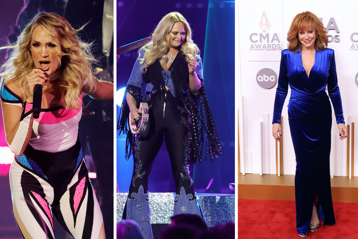 Carrie Underwood performs onstage during the 2022 American Music Awards at Microsoft Theater on November 20, 2022 in Los Angeles, California. / Miranda Lambert performs onstage at The 56th Annual CMA Awards at Bridgestone Arena on November 09, 2022 in Nashville, Tennessee./ Reba McEntire attends 2022 CMA Awards