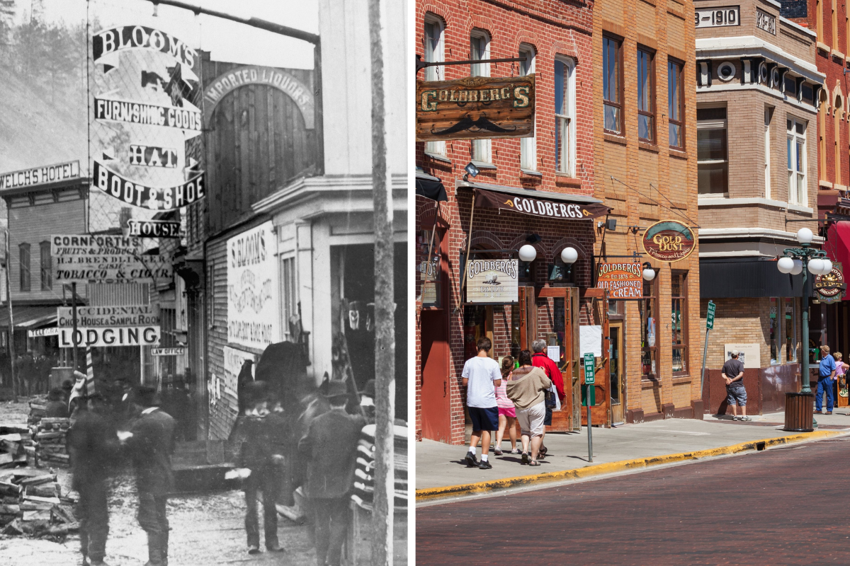 View of Deadwood, in South Dakota, in its heyday, as photographed by F.J. Haynes, showing store fronts and a group of men in Deadwood, South Dakota, USA, circa 1877. / Tourist explore Main Street in historic Deadwood, South Dakota.