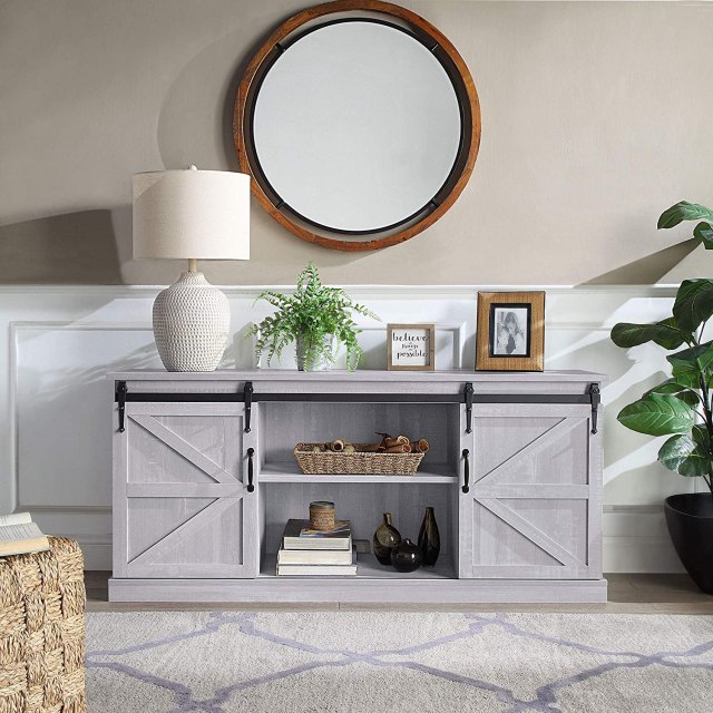 BELLEZE Modern 58" Living Room Storage Barn Wood TV Stand Media Console for TVs Up to 65", Stone Grey
