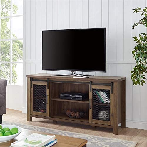 Pemberly Row 58" Farmhouse Sliding Barn Door Wood TV Stand Console Buffet Sideboard Credenza Storage Cabinet in Rustic Dark Walnut Barnwood