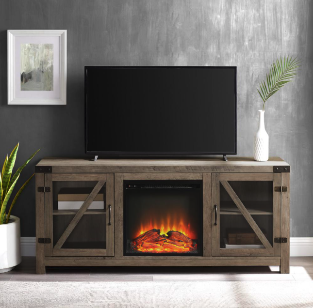 58 in. Grey Wash Glass Barn Door Fireplace Console