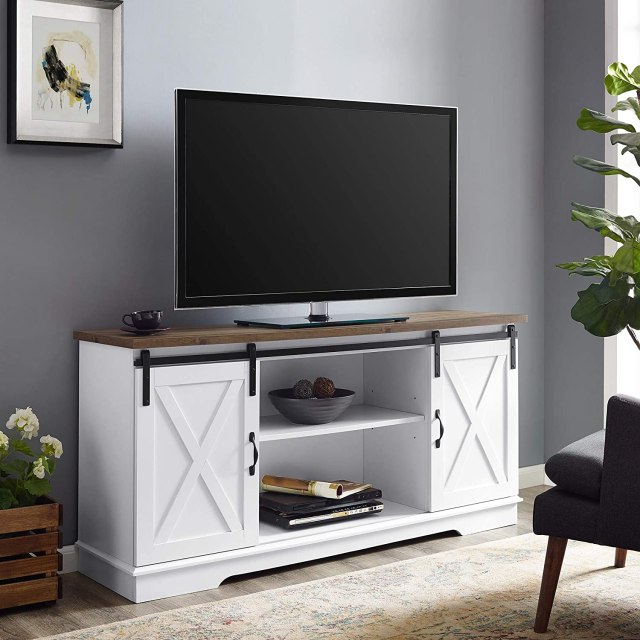 Walker Edison Richmond Modern Farmhouse Sliding Barn Door TV Stand for TVs up to 65 Inches, 58 Inch, White and Reclaimed Barnwood