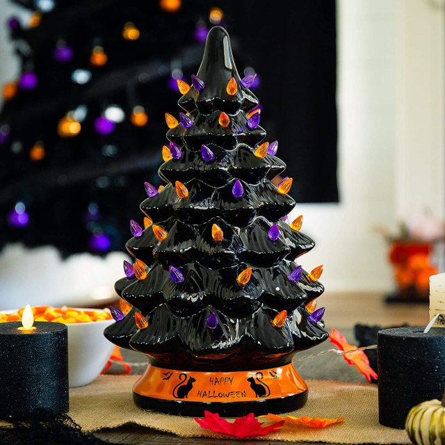 Best Choice Products Pre-Lit 15in Ceramic Halloween Tree Holiday Decoration w/Orange & Purple Bulb Lights