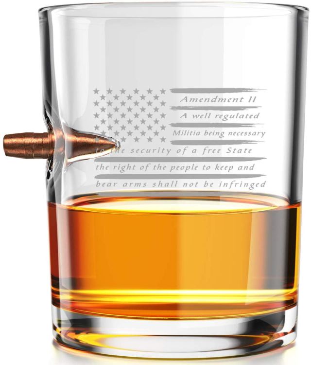 2nd Amendment American Flag - .308 Real Solid Copper Projectile Hand Blown Old Fashioned Whiskey Rocks Glass
