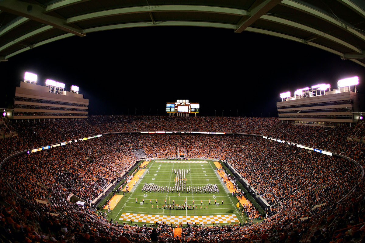 The Tennessee Volunteers marching band forms a T on the field before the start of their game against the South Carolina Gamecocks on October 29, 2005 at Neyland Stadium in Knoxville, Tennessee.