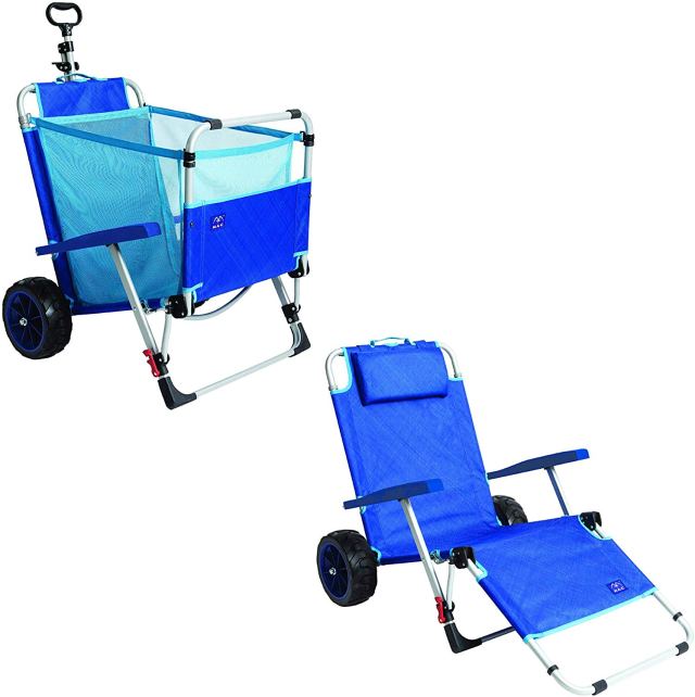 Mac Sports 2-in-1 Outdoor Beach Cart + Folding Lounge Chair w/Lock | Tanning, Sunbathing, Lounging, Pool, Backyard, Porch | Portable, Collapsible with All-Terrain Wheels | Blue w/Lock