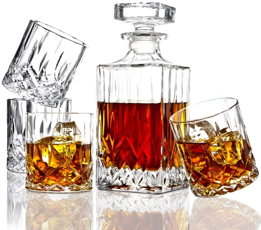 ELIDOMC 5PC Italian Crafted Crystal Whiskey Decanter & Whiskey Glasses Set, Crystal Decanter Set With 4 Whiskey Glasses, Whiskey Decanter Sets for Men