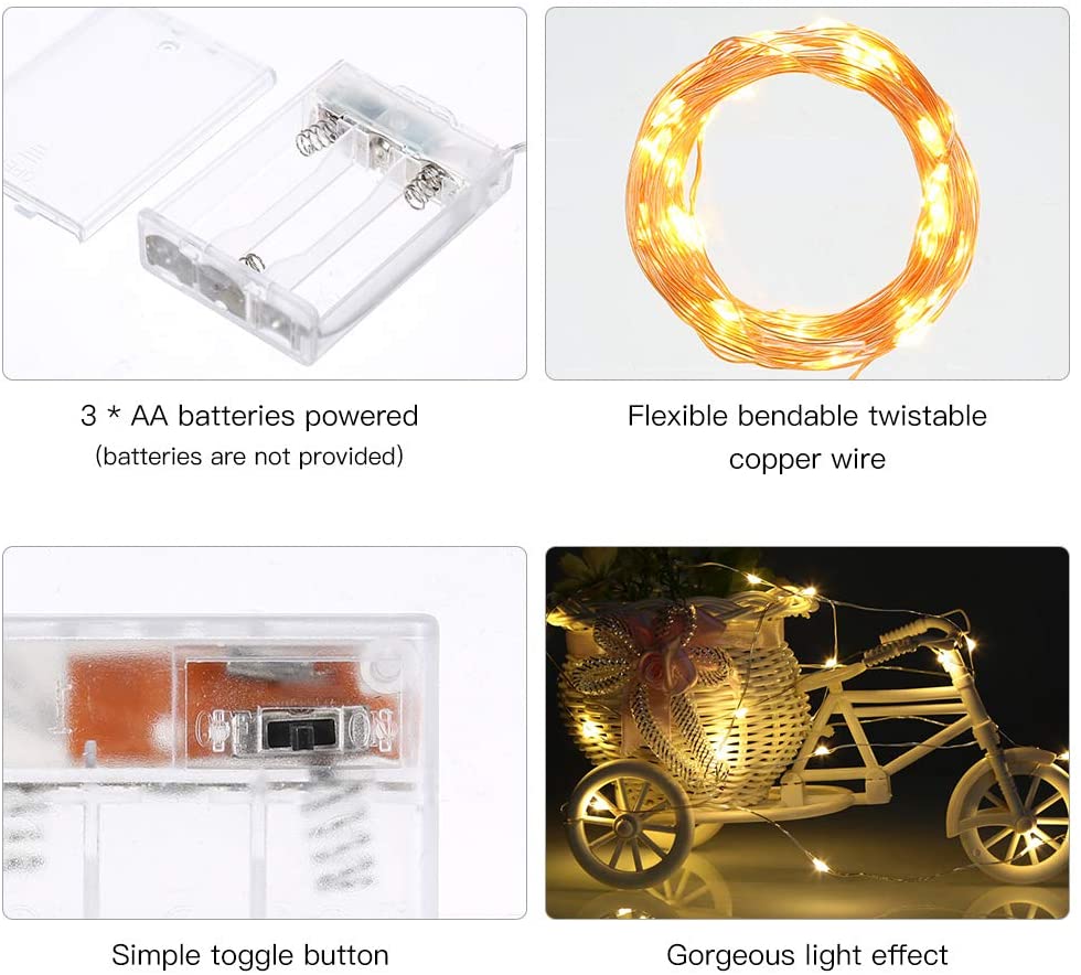 Ariceleo Led Fairy Lights Battery Operated, 1 Pack Mini Battery Powered Copper Wire Starry Fairy Lights for Bedroom, Christmas, Parties, Wedding, Centerpiece, Decoration (5m/16ft Warm White)