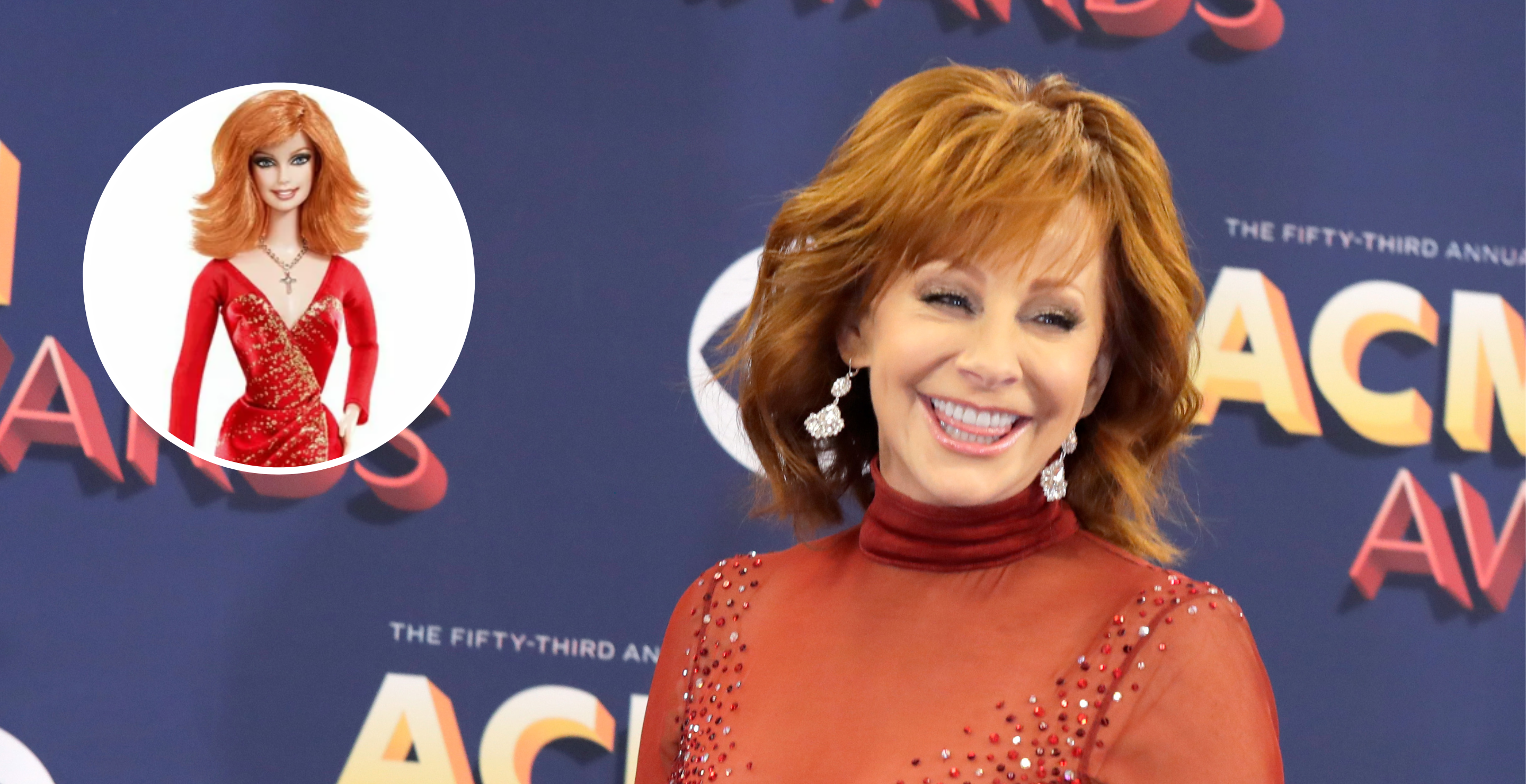 LAS VEGAS, NV - APRIL 15: Host Reba McEntire poses in the press room during the 53rd Academy of Country Music Awards at MGM Grand Garden Arena on April 15, 2018 in Las Vegas, Nevada and sceengrab of McEntire's Barbie doll.