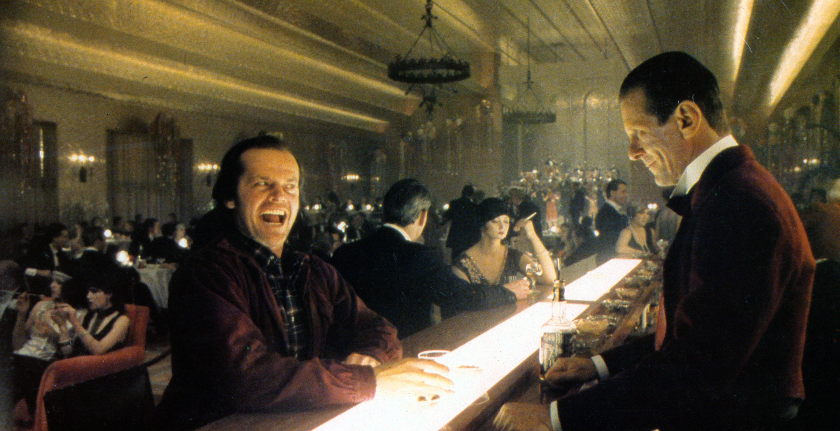 Jack Nicholson with bartender Joe Turkel in lobby card for the film 'The Shining', 1980