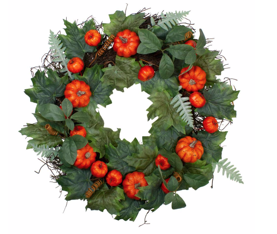 24 in. Unlit Autumn Harvest Maple and Fern Leaves With Pumpkins Grapevine Artificial Wreath