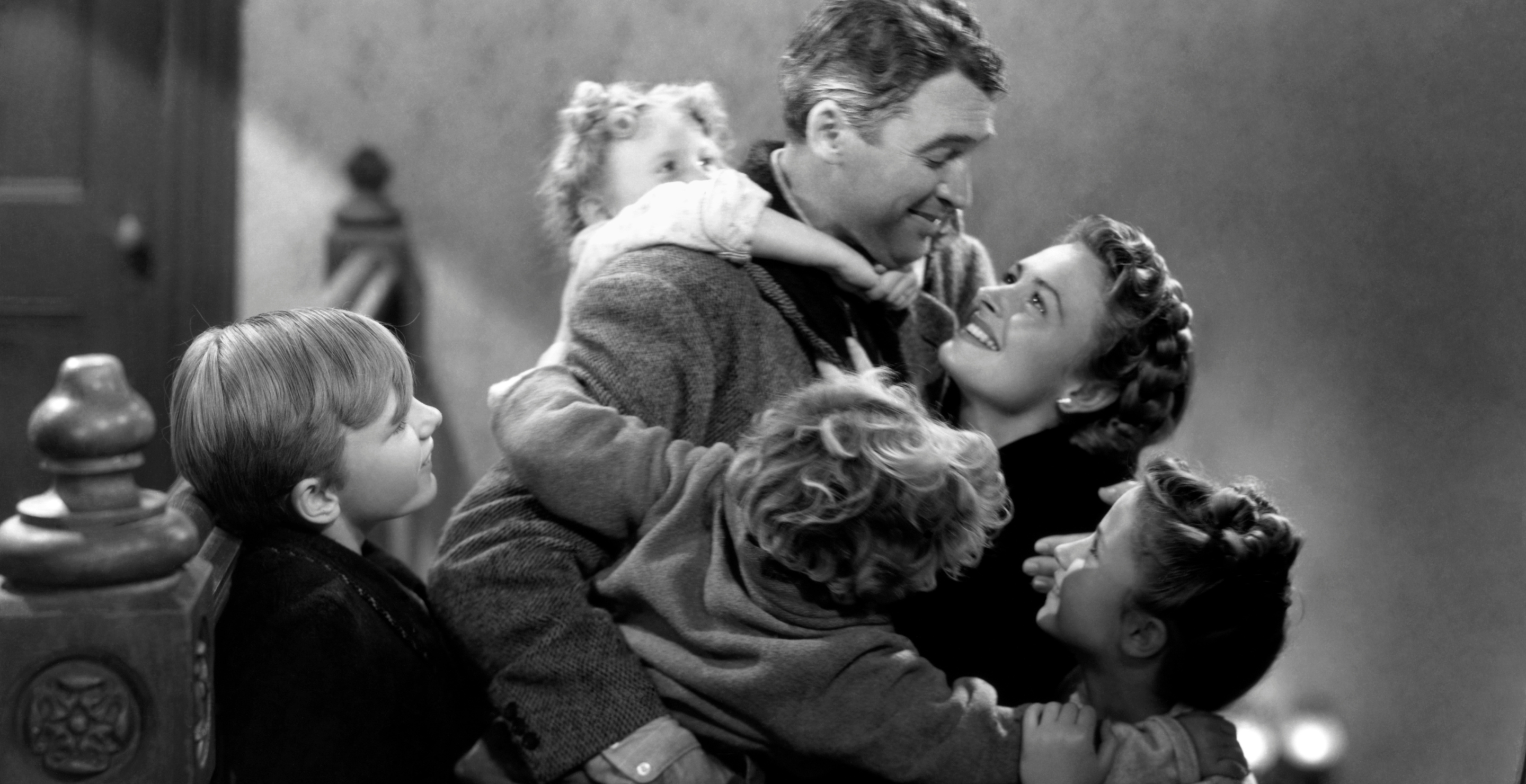 James Stewart, Donna Reed, Carol Coombs, Jimmy Hawkins, Larry Simms and Karolyn Grimes.