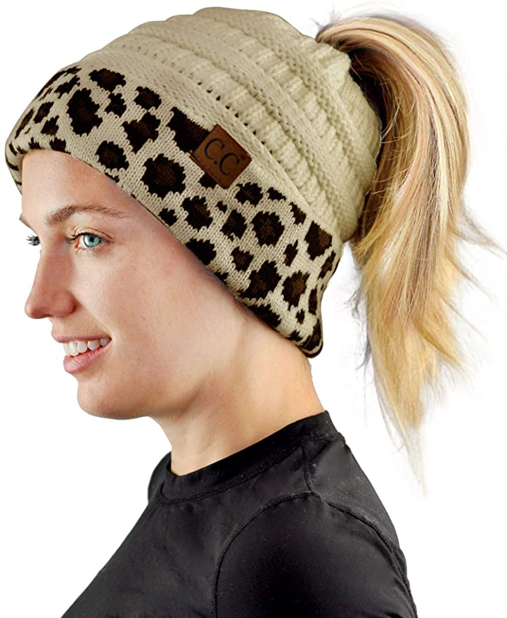 C.C BeanieTail Cable Knit Messy High Bun Ponytail Cuff Beanie Hat