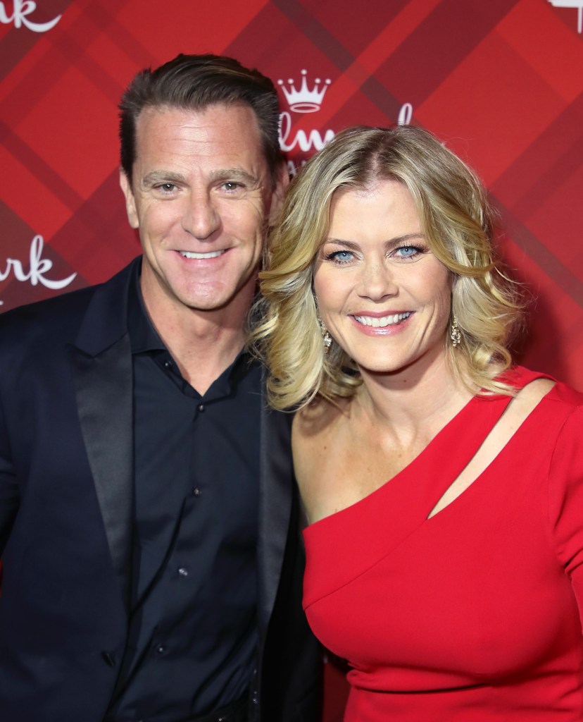 LOS ANGELES, CA - DECEMBER 04: Actress Alison Sweeney (R) and husband David Sanov attend a screening of Hallmark Channel's "Christmas at Holly Lodge" at The Grove on December 4, 2017 in Los Angeles, California.