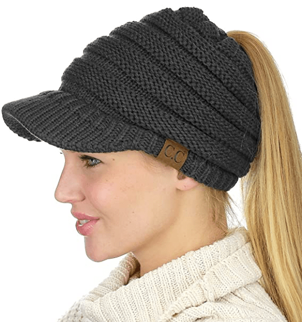 C.C BeanieTail Warm Knit Messy High Bun Ponytail Visor Beanie Cap