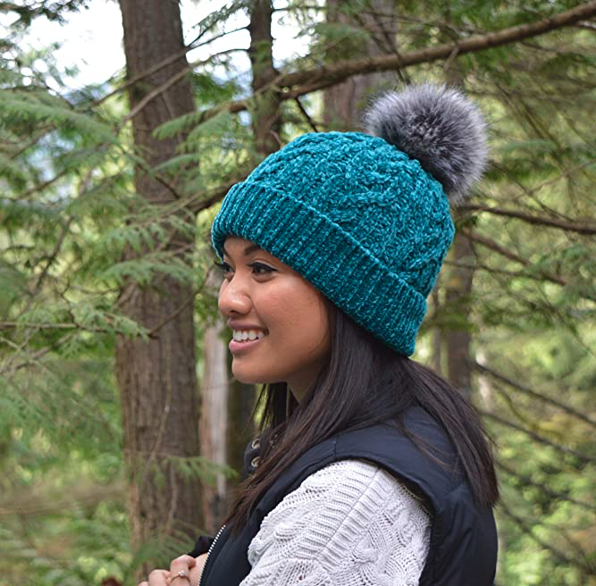Pudus Women's Winter Beanie Hat with Faux Fur Pom Pom - Cable Knitted Chenille and Fleece Lined Slouchy Beanie