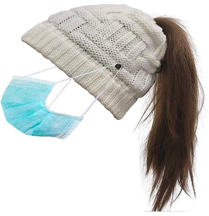 Womens Ponytail Beanie Hat with Button for Mask,Criss Cross Winter High Messy Bun Beanie Hat with Ponytail Hole