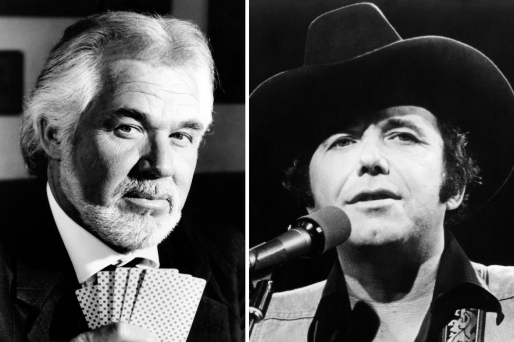 Actor Kenny Rogers as 'Brady Hawkes' holding cards in film 'The Gambler', 1980, and a live shot of Bobby Bare.