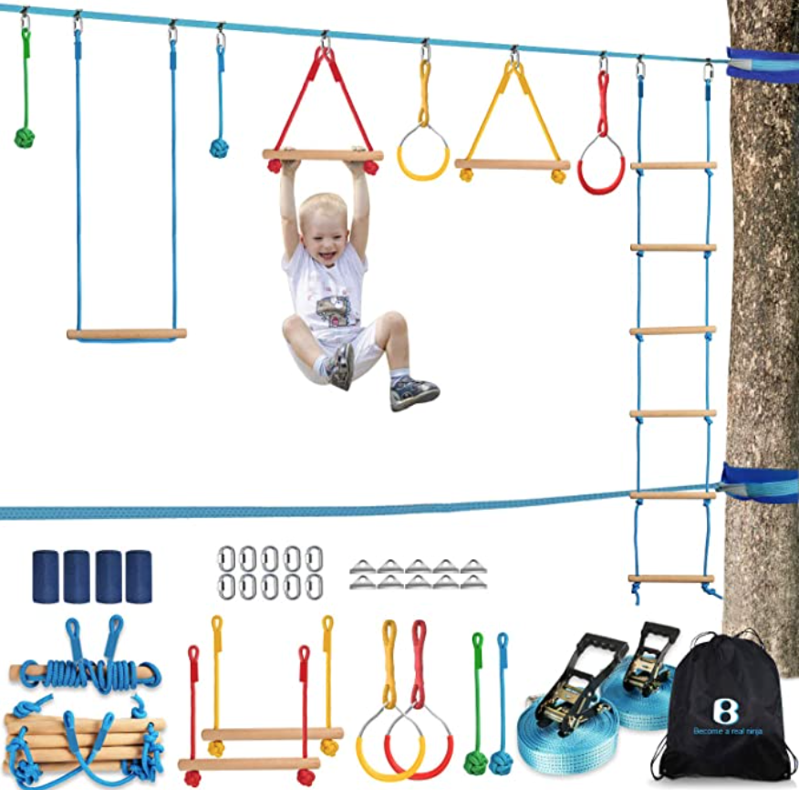 Ninja Warrior Obstacle Course Kit for Kids 37 PCS 52' Ninja Line & Slackline Hanging Monkey Bars Fists Gym Rings Swing Rope Ladder Portable Outdoor Ninja Course Training Equipment Set for Backyard