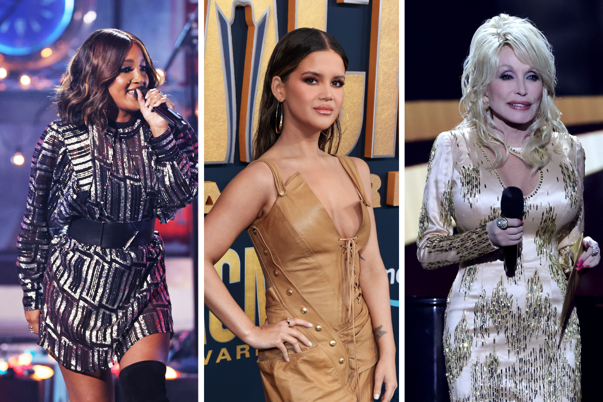 Mickey Guyton performs onstage during the 2021 American Music Awards at Microsoft Theater on November 21, 2021 in Los Angeles, California. (Photo by Kevin Winter/Getty Images for MRC)/ Maren Morris attends the 57th Academy of Country Music Awards at Allegiant Stadium on March 07, 2022 in Las Vegas, Nevada. (Photo by Jason Kempin/Getty Images for ACM)/ Co-host Dolly Parton speaks onstage during the 57th Academy of Country Music Awards at Allegiant Stadium on March 07, 2022 in Las Vegas, Nevada. (Photo by Kevin Winter/Getty Images for ACM)
