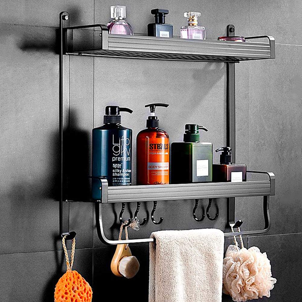 Bathroom Shelf 2 Tier No Drilling Shower Shelf Caddy Floating Shelves with Hooks and Towel Rack Wall Mounted