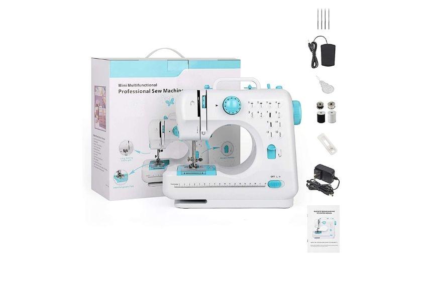 mini sewing machine with box and white background