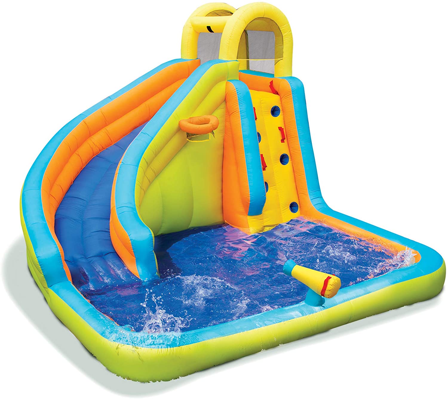 BANZAI Splash 'N Blast 12 x 10.5 x 8 Ft Kids Outdoor Backyard Inflatable Water Slide Park Toy with Slide, Climbing Wall, Basketball Hoop, Water Cannon, and Splash Pool, Ages 5-12