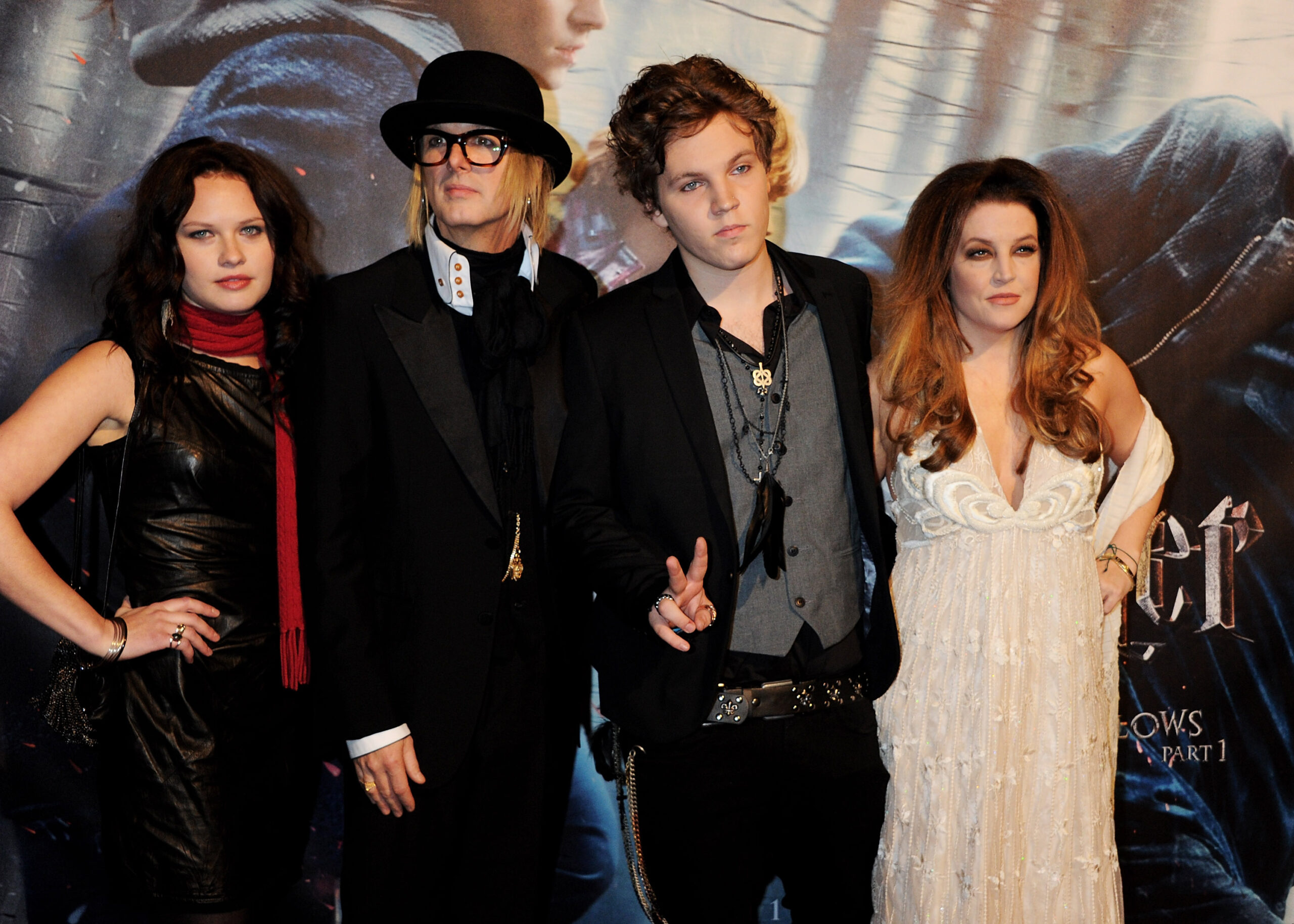 CREDIT PHOTO BY DAVE M. BENETT/GETTY IMAGES REQUIRED) (L to R) Guest, Michael Lockwood, Ben Keough and Lisa Marie Presley attend the World Premiere of Harry Potter And The Deathly Hallows: Part 1 at Odeon Leicester Square on November 11, 2010 in London, England. 