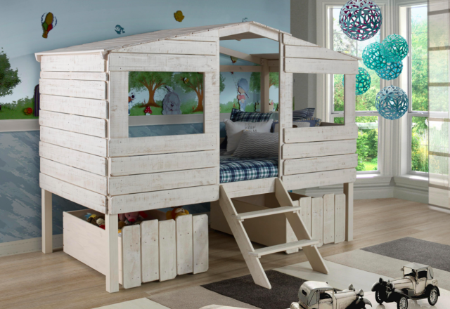 Rustic Sand Twin Tree House Loft Bed with Drawers
