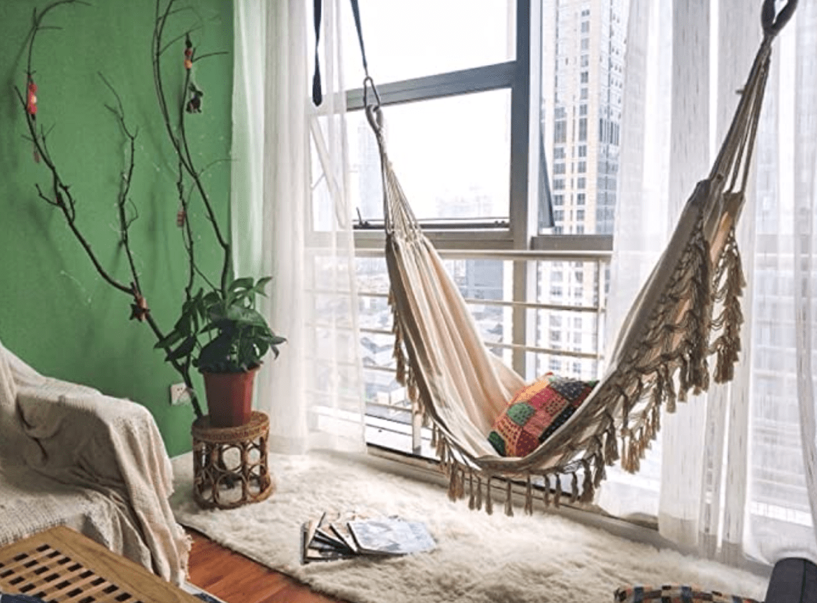 RISEON Handmade Boho Large Brazilian Macrame Fringe 2 Person Double Deluxe Hammock Swing Net Chair for Beach, Yard, Bedroom, Patio, Porch, Indoor, Outdoor, Wedding Decor 95" Lx 59" W
