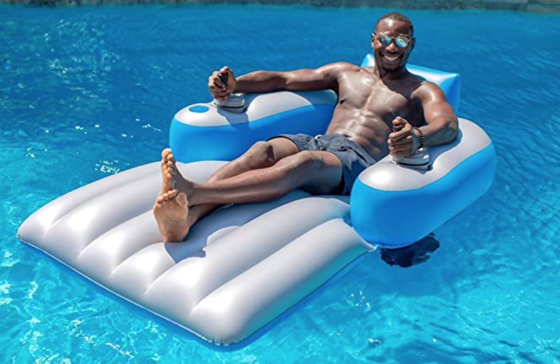 PoolCandy Splash Runner 2.5 Motorized Inflatable Pool Lounger, Water Hammock Raft for Pool or Lake, Toy for Adults & Kids, Lightweight, Durable, Propellers Enclosed w/Safety Grill, Batteries Required