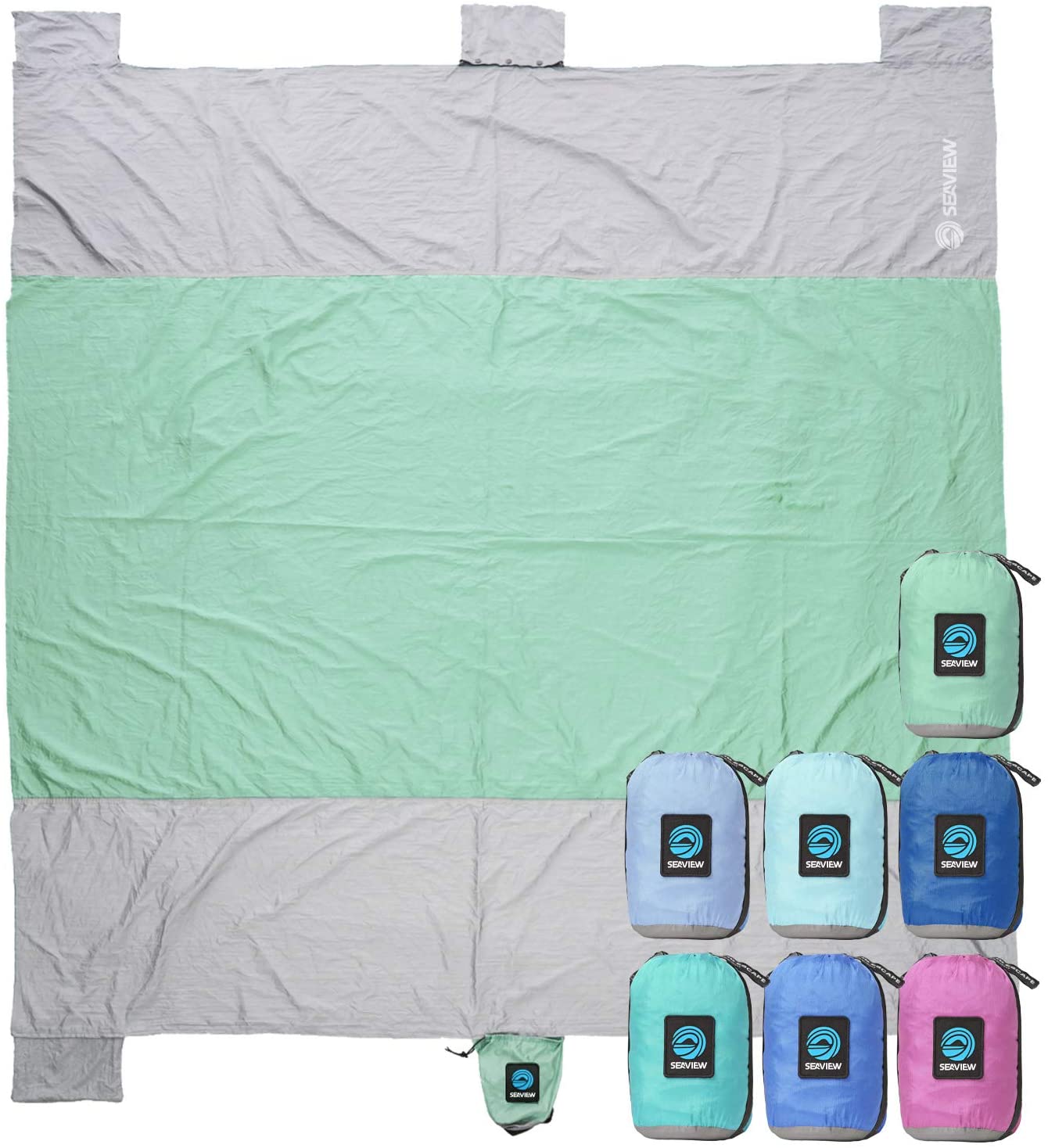 Seaview 180° Sand Free Beach Blanket. Extra Large 7' x 9' Lightweight Outdoor Beach Mat. Compact Sandproof Beach Blanket Made of Durable Parachute Nylon w: 4 Built in Sand Anchors & Valuable Pocket