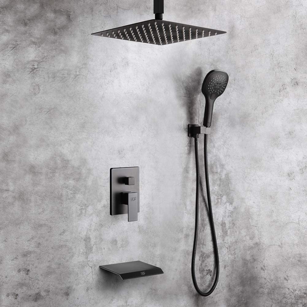 Black Shower System Bathroom Shower Faucet Set with Waterfall Tub Spout Ceiling Mount 12 Inch Shower Head and Handle Set with Handheld, 3 Function Tub and Shower Trim Kit with Rough-in Valve