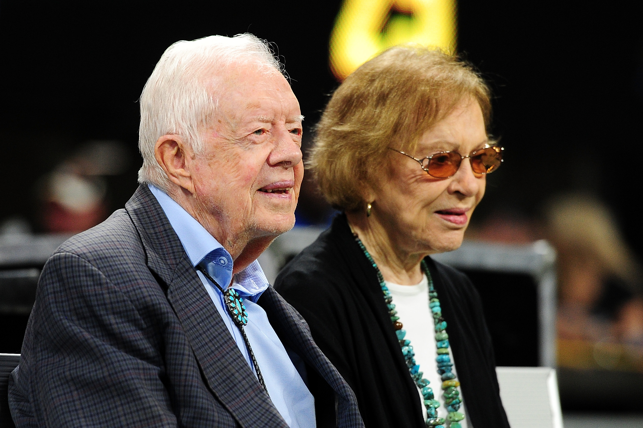 ATLANTA, GA - SEPTEMBER 30: Former president Jimmy Carter and his wife Rosalynn prior to the game between the Atlanta Falcons and the Cincinnati Bengals at Mercedes-Benz Stadium on September 30, 2018 in Atlanta, Georgia. 