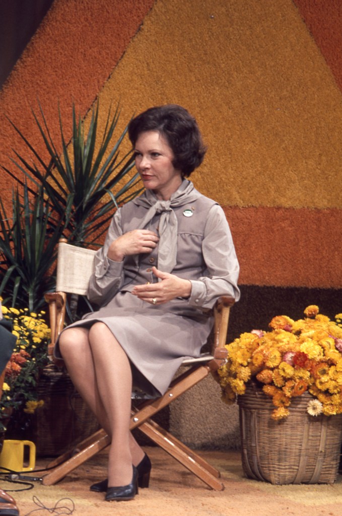 Future First Lady Rosalynn Carter appears on an unidentified television program in support of her husband, Jimmy Carter's Presidential campaign, Boston, Massachusetts, 1976.