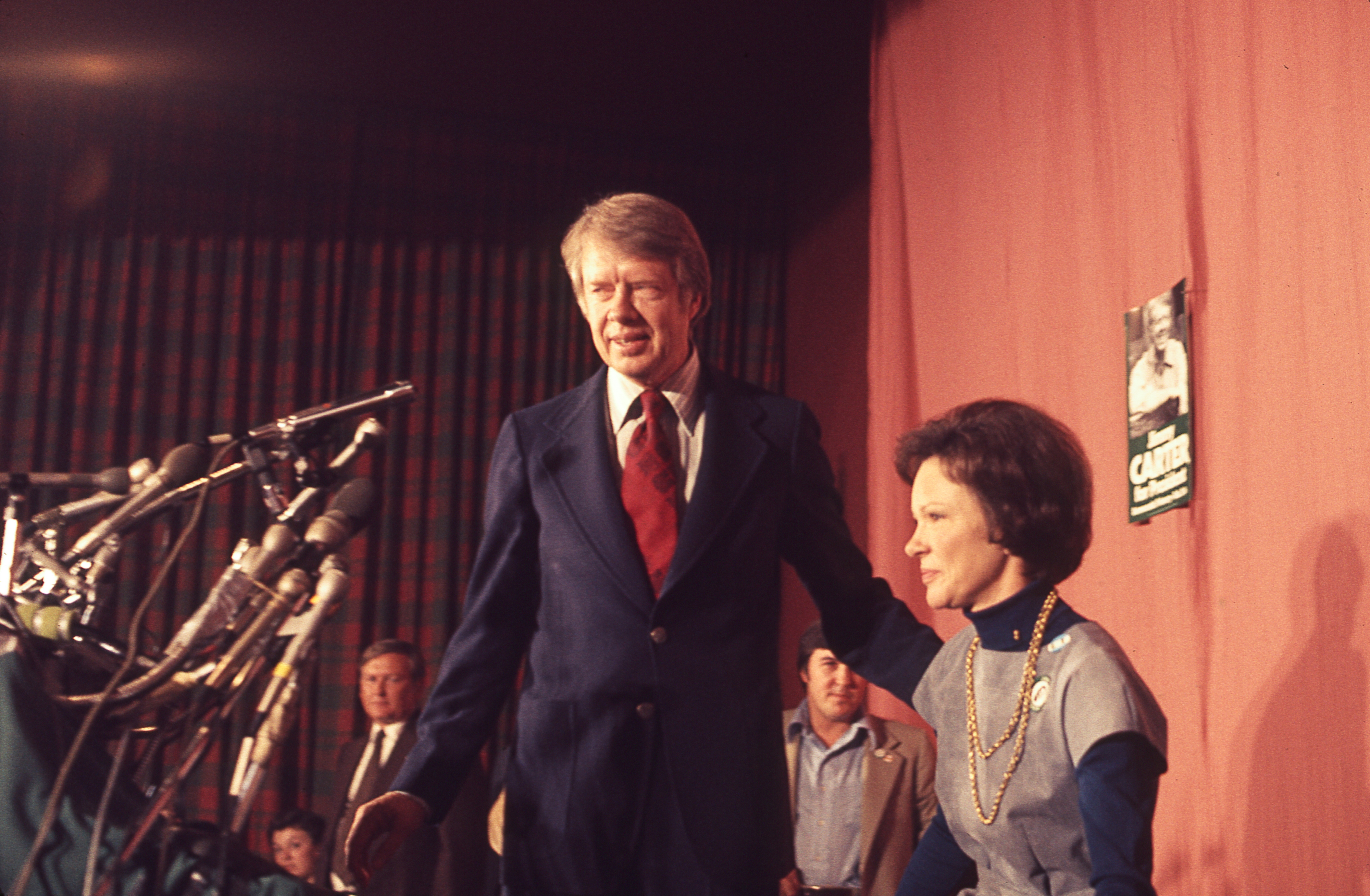 American politician and US Presidential candidate Jimmy Carter and his wife, Rosalynn Carter, celebrate victory in the New Hampshire Democratic Primary election, New Hampshire, February 24, 1976