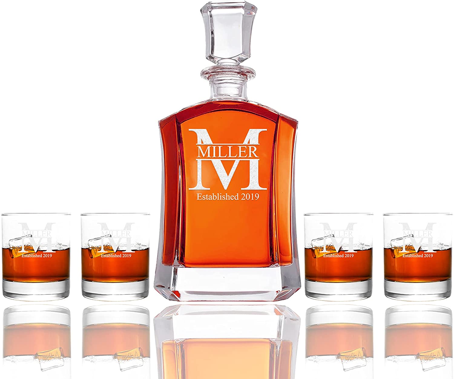 Personalized Shaped 5 piece Whiskey Decanter Set - Decanter and 4 Rock Glasses Gift Set - Custom Engraved (Miller Design)