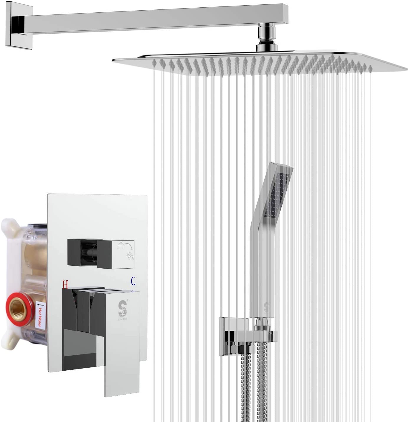 SR SUN RISE SRSH-F5043 Bathroom Luxury Rain Mixer Combo Set Wall Mounted Rainfall Shower Head System Polished Chrome, (Contain Faucet Rough-in Valve Body