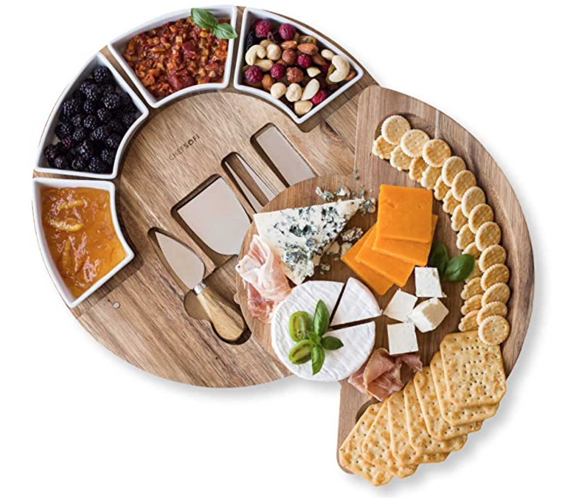 Cheese Board Set - Charcuterie Board Set and Cheese Serving Platter. US Patented 13 inch Meat/Cheese Cutting Board and Knife Set for Entertaining and Serving - 4 Knives and 4 Bowls Server Plate