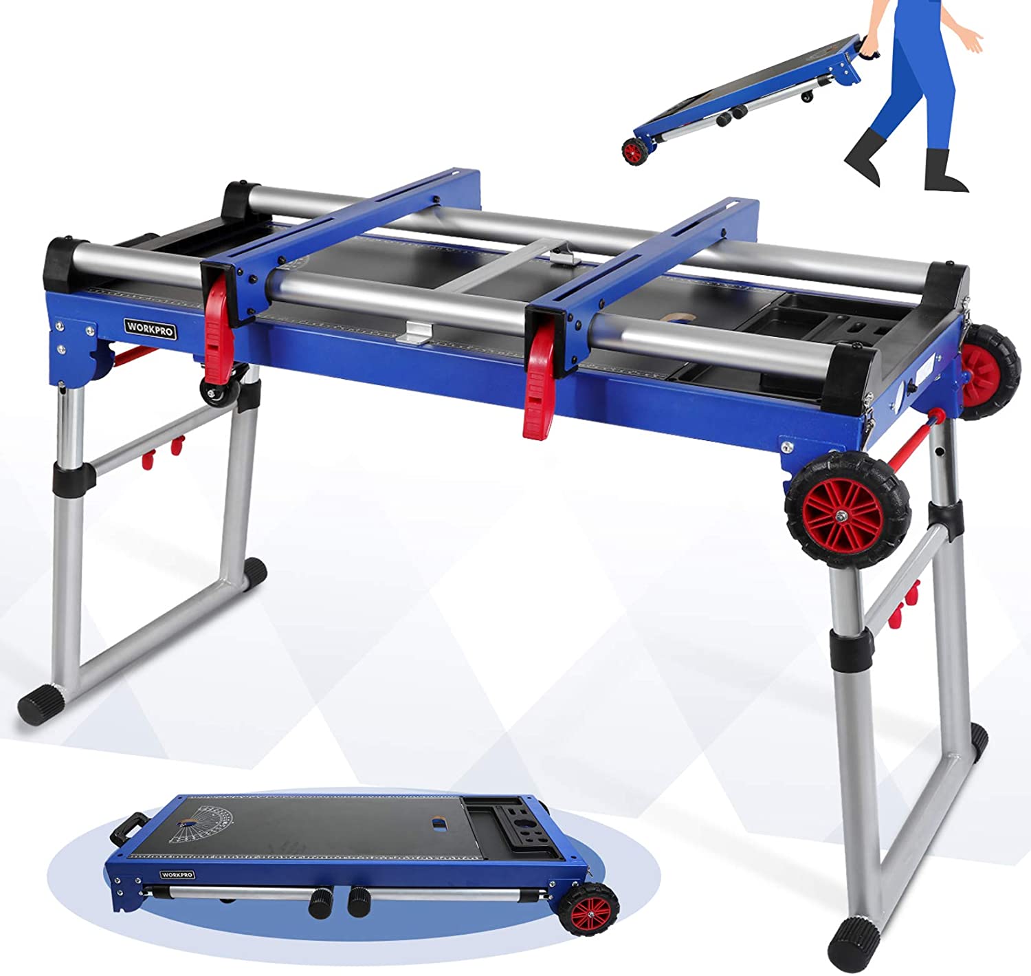 WORKPRO Work Bench, 4-In-1 Portable Workbench, Quick Folding Work Table with Detachable Miter Saw Stand and Height Adjustable Legs, Work as Scaffold:Dolly:Creeper:Platform for Woodworking Tools