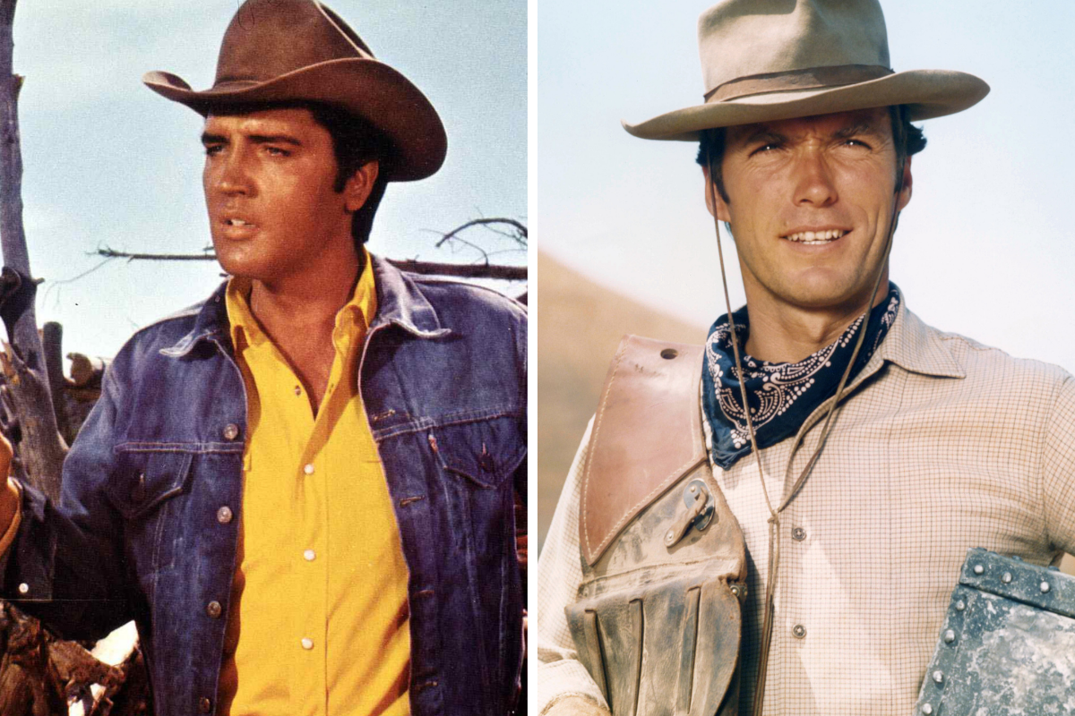 Film still of Elvis Presley next to photo of Clint Eastwood on the set of "Rawhide"