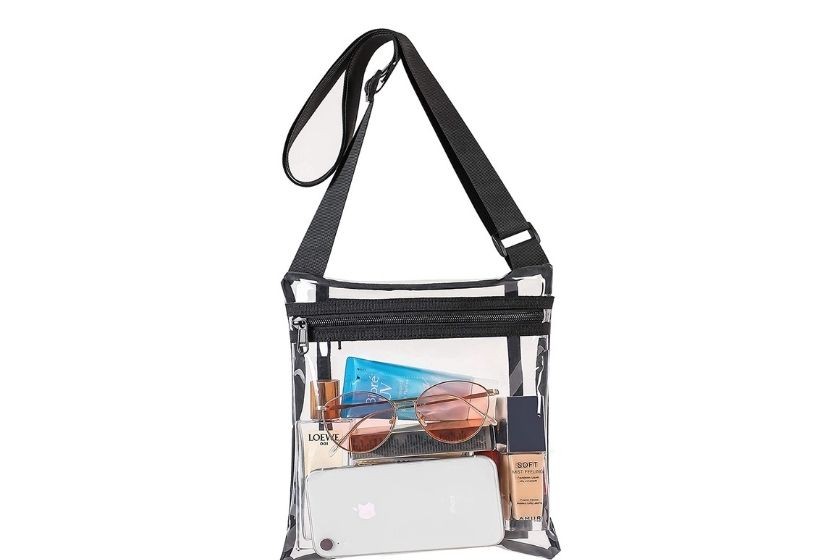 clear purse shoulder bag for phone, sunglasses, and a few makeup items