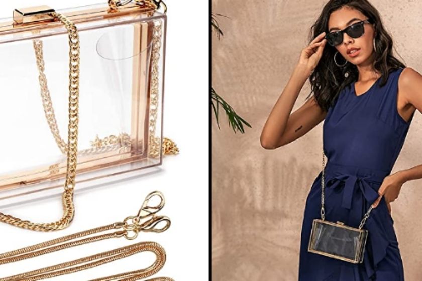woman modeling clear purse with gold and rose gold lining and adjustable shoulder strap