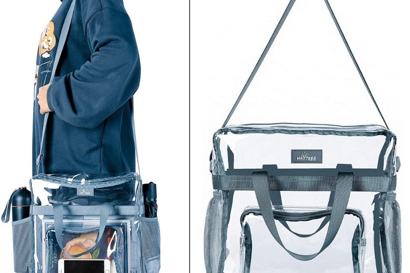 person modeling clear purse with storage compartments for organization