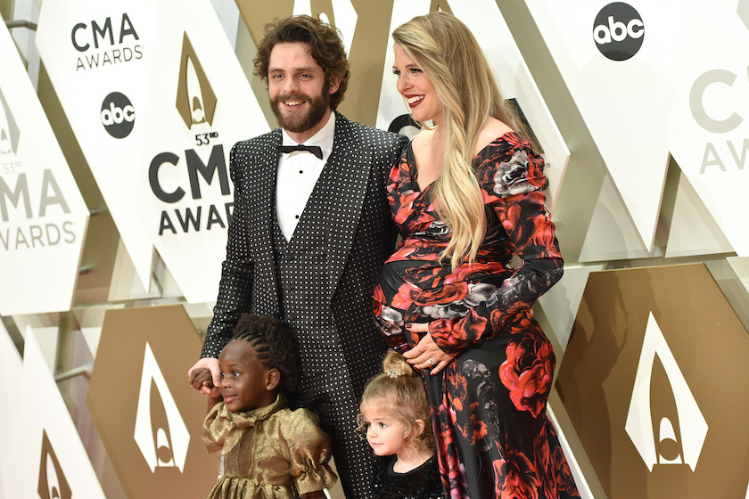 NASHVILLE, TENNESSEE - NOVEMBER 13: (FOR EDITORIAL USE ONLY) (L-R) Willa Gray Akins, Thomas Rhett, Ada James Akins and Lauren Akins attend the 53rd annual CMA Awards at the Music City Center on November 13, 2019 in Nashville, Tennessee.