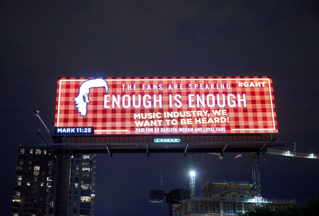 NASHVILLE, TENNESSEE - JUNE 08: Fan funded billboards supporting singer Morgan Wallen are seen on Broadway on June 08, 2021 in Nashville, Tennessee. Wallen was caught on camera using a racial slur at the end of January 2021, since then his recording contract was briefly suspended and he has been barred from attending or performing at several music industry award shows. 