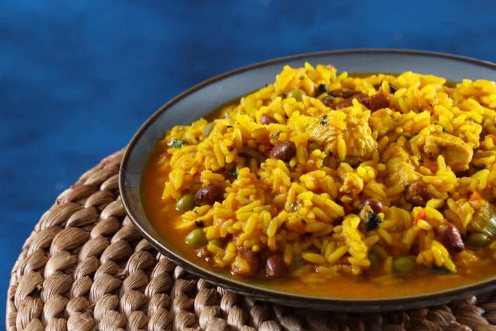 Puerto Rican and Dominican Republic cuisine of rice, chicken breast, plantain, and kidney beans a delicious savoury meal. Very similar to Spanish Valenciana Paella but with addition of Plantain and other native vegetables. High resolution 45Mp picture using Canon EOS R5 and various lenses